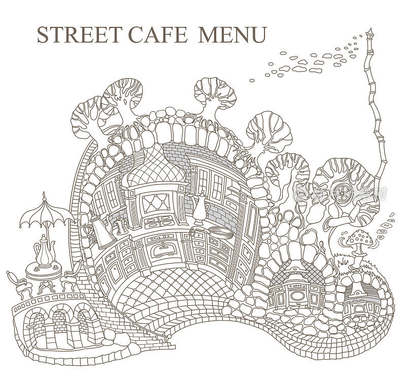 Vector contour thin line illustration. Fairy tale underground old medieval cave Kitchen in the street food cafe. Black and white sketch illustartion. Adults coloring book page, tee shirt print